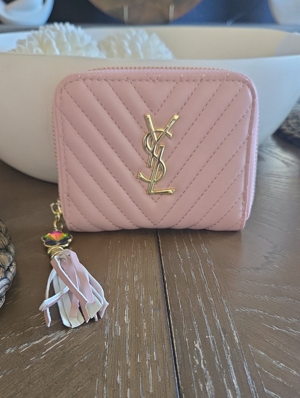 Saint Laurent Pink Chevron Quilted Zip Wallet with Tassel